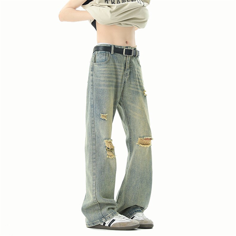 B221美式ins高街暗黑宽松直筒破洞牛仔裤LK24180-特P38控68，男装牛仔裤，电商B221