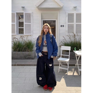 大码美式复古弯刀牛仔裤男女设计感春季新款宽松百搭阔腿垂感裤图片