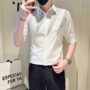 店主风社会小伙男绣花七分袖衬衫男日常休闲衬衣301A-1/CS568/P55图片