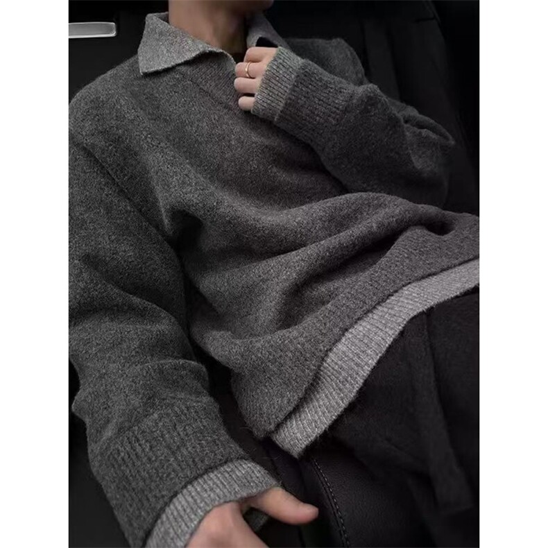 美式复古假两件v领毛衣男款冬季翻领老钱风针织衫上衣慵懒风外套,男装针织衫/毛衣,四季星座505