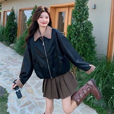 美式复古黑色假两件机车服短外套女春秋超火好看高级小众夹克上衣，女装皮衣，2C056