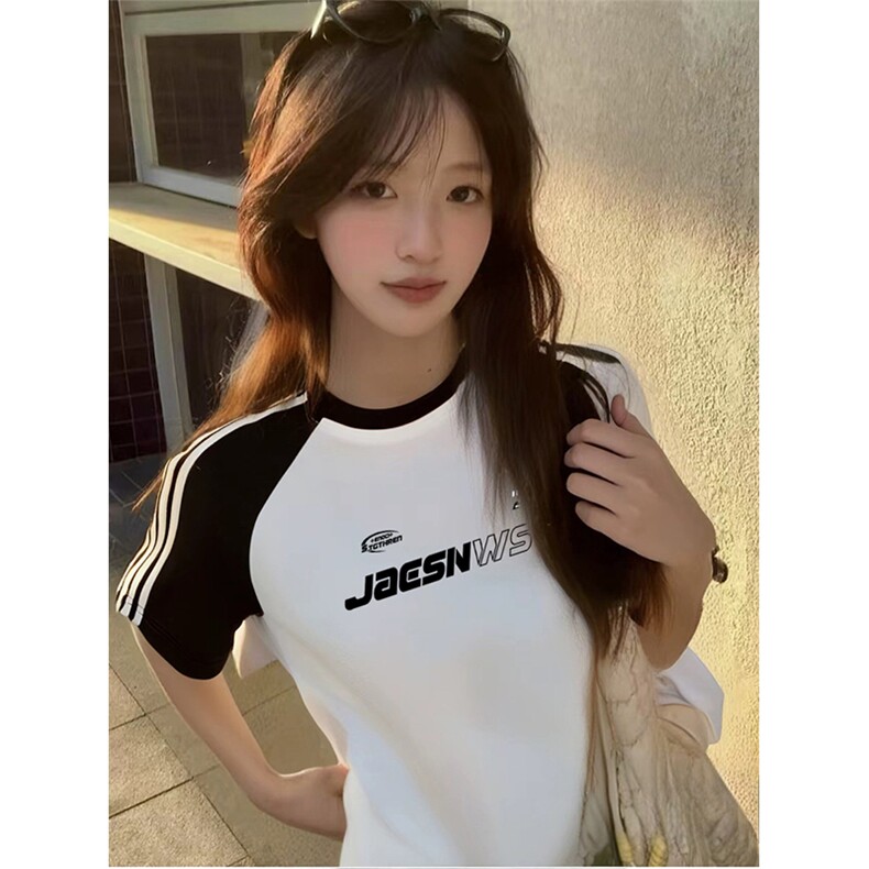 抖音得物品质二开240克宽松纯棉美式潮牌插肩三杠织带短袖T恤图片