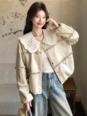 2026新款牛奶PU皮娃娃领百搭时尚外套，女装短外套，纯色衣恋