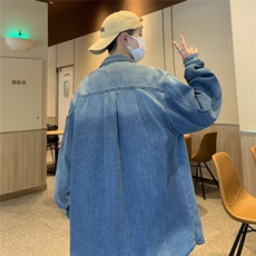 水洗渐变色条纹工装牛仔衬衫男长袖秋季日系复古潮休闲衬衣外套，男装衬衫，星座302B