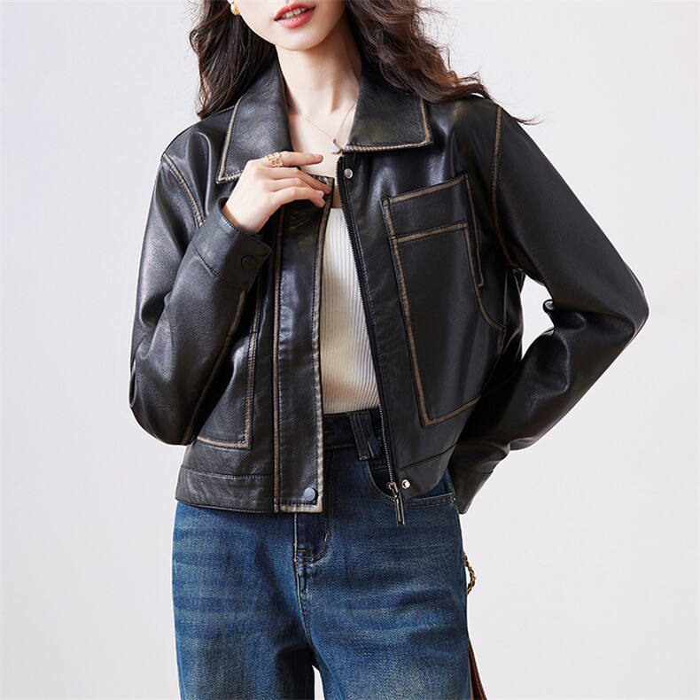 复古短款机车皮衣外套女春季2024新款宽松炸街小个子pu皮夹克上衣,女装皮衣,潮流依族