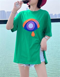 OUGNI夏装新款贴布刺绣开叉T恤潮图片