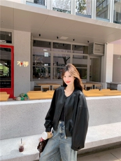 黑色韩版气质PU皮衣外套女2025春秋季新款甜酷百搭高级感夹克上衣，女装皮衣，2D075