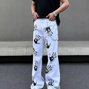 2026水墨手掌印花白色牛仔裤高街hiphop潮炸街长裤K71126-P45网图图片