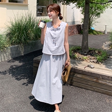 清冷系文艺风假两件无袖背心连衣裙女夏2025新款气质套装连身长裙，女装连衣裙，浙宝305