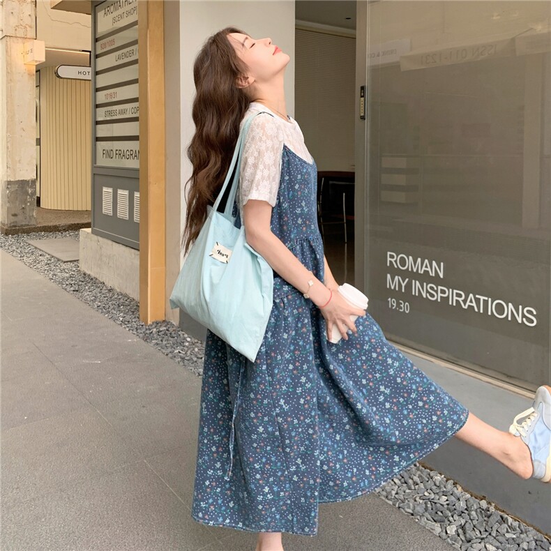 法式碎花拼接吊带裙套装女2025夏季新款时尚蕾丝绣花短袖两件套,女装套装/套裙,2C262