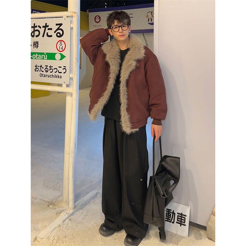 现货重磅硬挺boxy羽绒棉衣座山雕大毛毛领洗水麂皮棉服冬外套图片