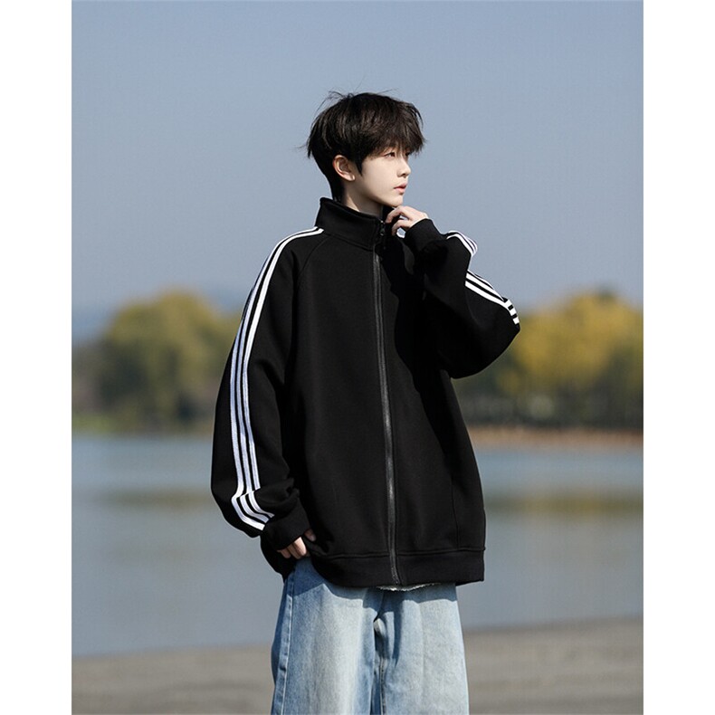 8XL-M三条杠运动卫衣特大码美式条纹立领夹克开衫外套JK5205/P65，男装夹克，电商B238