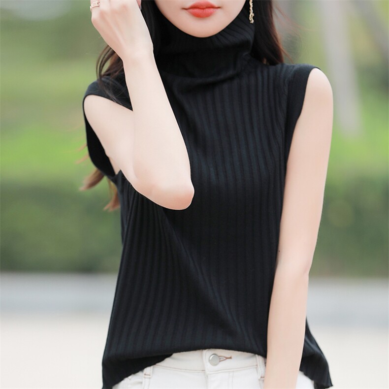 简约纯色坑条堆堆领针织马甲背心女早春时尚洋气内搭无袖坎肩上衣,针织衫/毛衣,佳绒包芯纱店