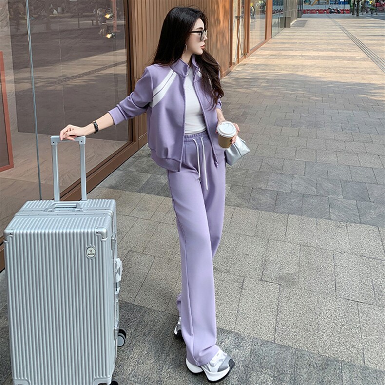 春女开衫活力紫色卫衣直筒裤两件套,女装套装/套裙,江南
