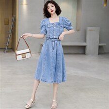 2021夏装新款时尚气质复古方领修身显瘦拼接牛仔两件套连衣裙，女装套装/套裙，奋斗女王