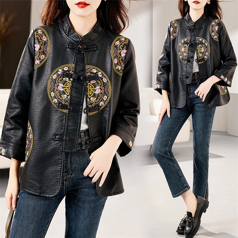 民族风刺绣皮衣外套女春秋新款短款复古盘扣中年妈妈装黑色皮夹克，女装皮衣，魅衣本色