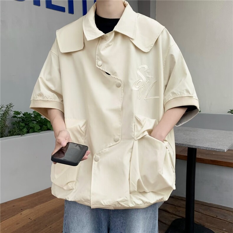 不规则排扣飞行员外套男女短袖潮牌宽松刺绣高级感工装LS1275P42,男装T恤,星座1013-5
