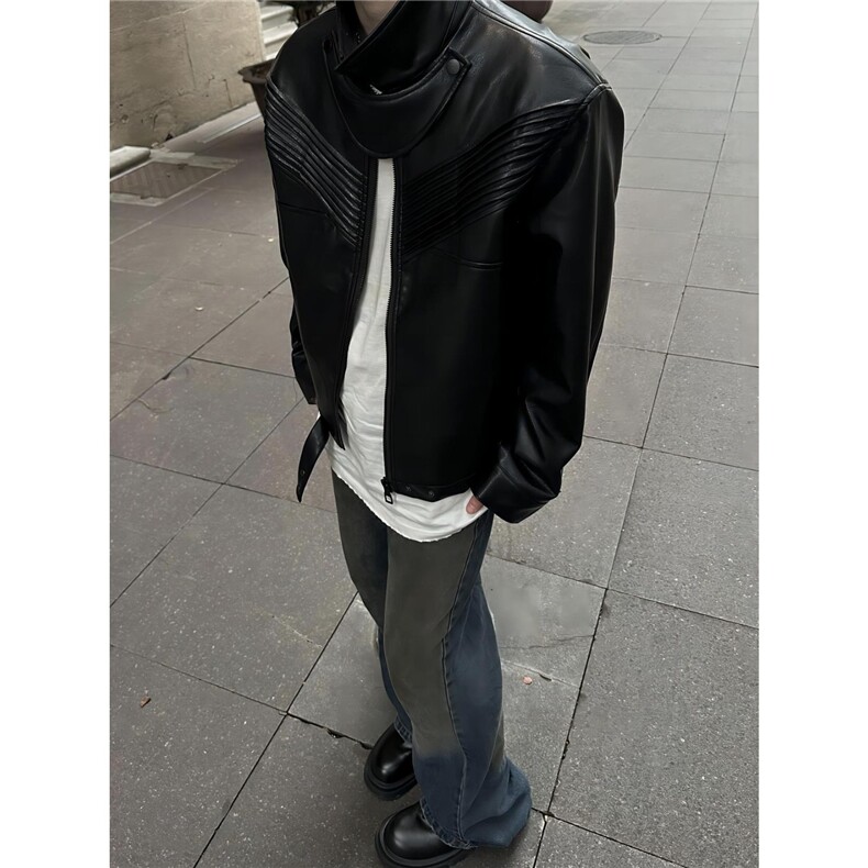 短款皮衣外套男潮高级感痞帅男装垫肩解构设计感机车夹克,男装皮衣,四季星座505