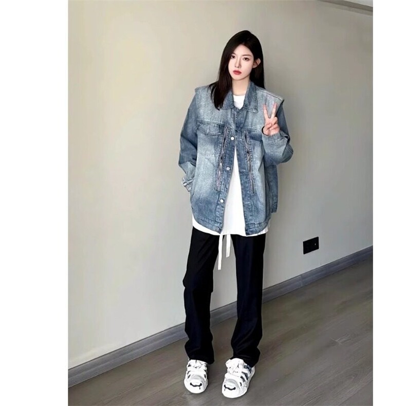 美式复古蓝色牛仔外套男女潮高级感单排扣纯色常规口袋牛仔布宽松,男装工装外套,星座506A