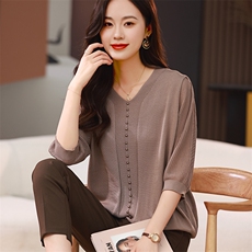 时尚优雅九分袖珍珠装饰上衣显瘦修身V领女装卫衣，女装卫衣/绒衫，梦芯尔