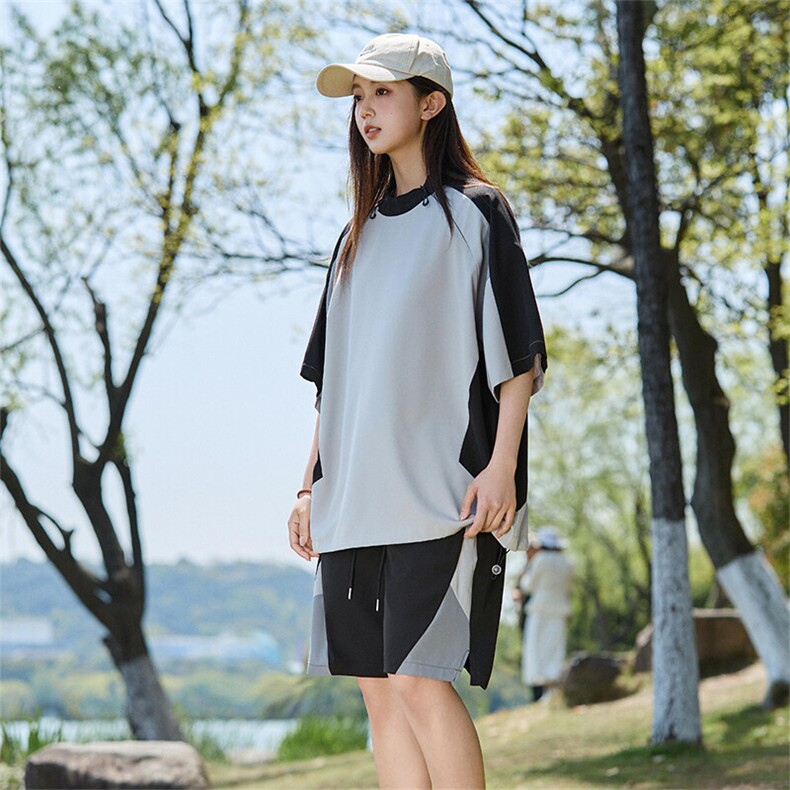 拼色双拉链短袖男女同款宽松夏季T恤短裤套装A406TZ5321特P60,男装T恤,星座309（原A406）