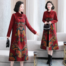 中年妈妈装秋装中国风高领盘扣连衣裙中老年女装2025春秋新款长裙，女装连衣裙，缘衣格
