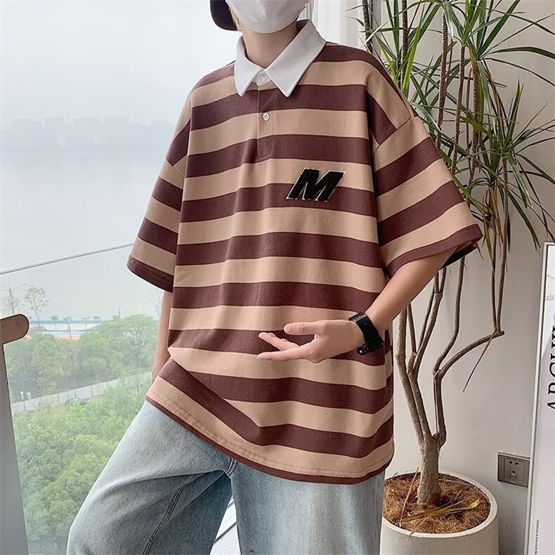 气质2023ins五分袖夏季男青春流行标准新款POLO衫条纹HT96P30,男装Polo衫,星座1116-2