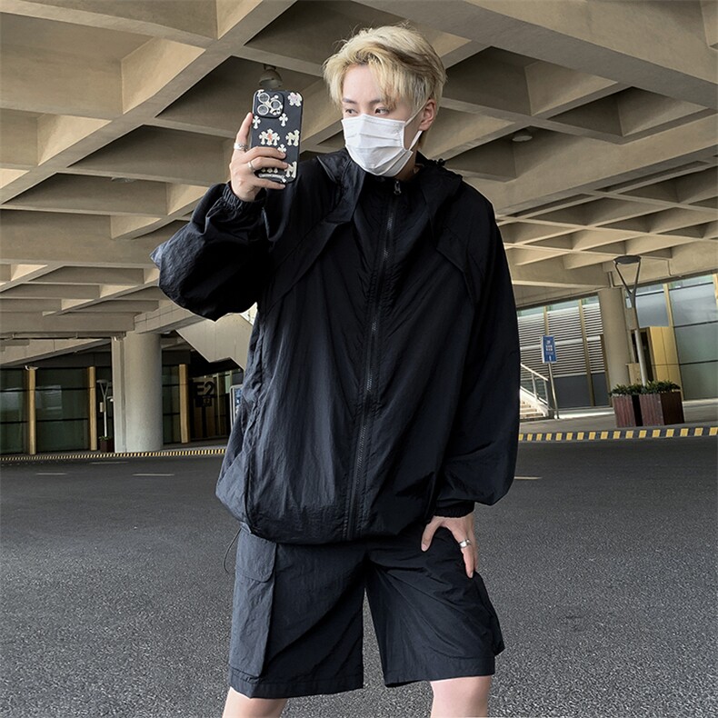 防晒套装男韩版潮流连帽痞子帅气2023夏季新款ins五分裤W4891-P62,男装休闲套装,星座412-3