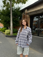 XZ-221-1/C70/P55美式高街设计感格纹珍珠衬衣男女百搭慵懒衬衫，男装衬衫，星座221-1