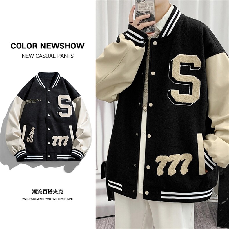 美式棒球服男秋刺绣毛呢皮袖夹克青少年港风ins潮外套JK01-P100图片