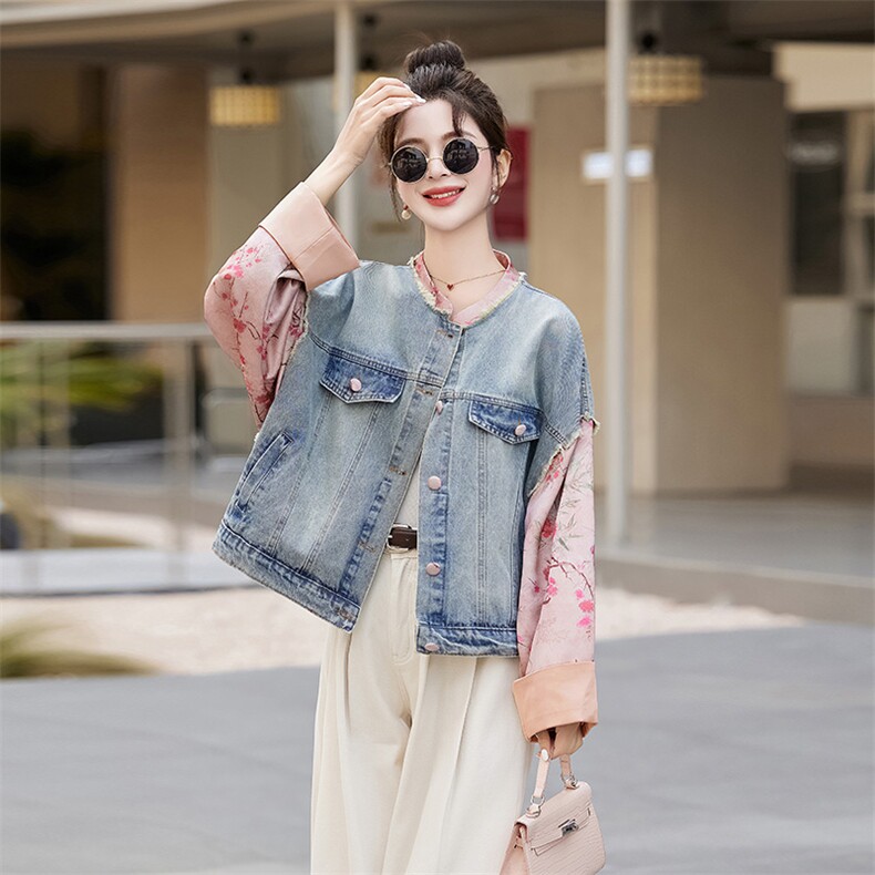 粉色国风印花拼接牛仔短外套女2024春秋新款设计感洋气超好看上衣,女装短外套,牡丹诺