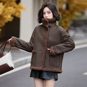 皮毛一体羊羔毛外套女短款2024新款秋冬季加绒机车服加厚皮夹克图片
