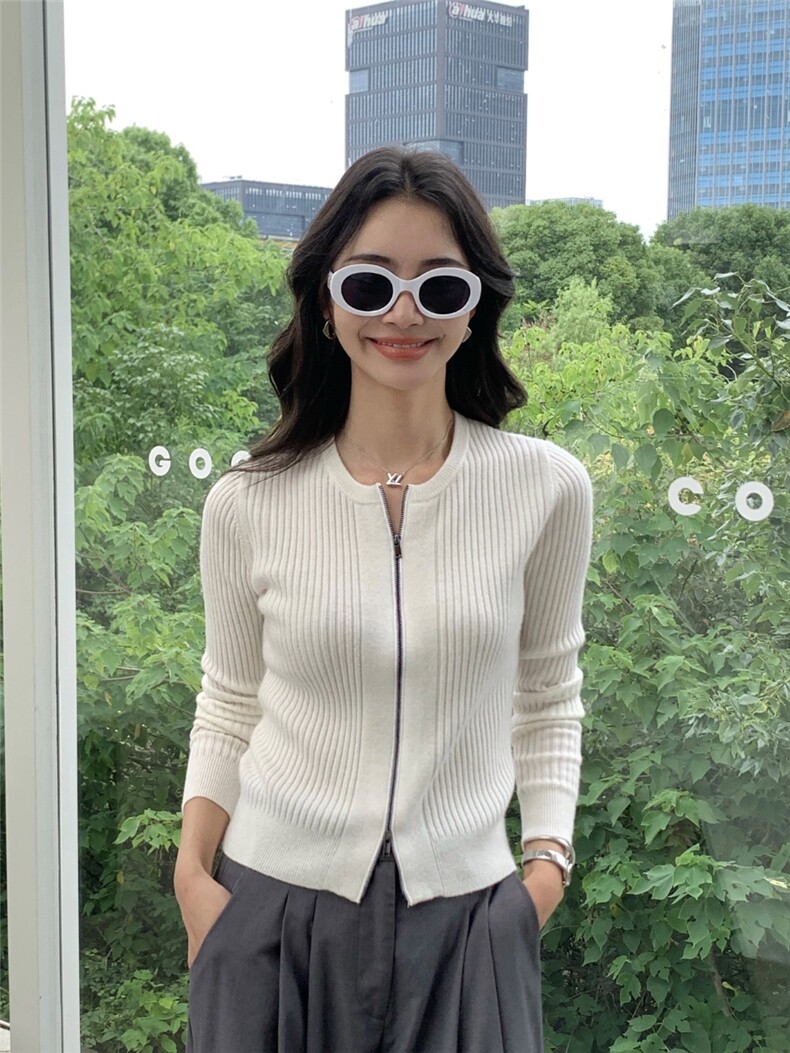 秋冬新款v领女拉链修身开衫衣保暖上衣针织衫打底,针织衫/毛衣,玛卡隆羊绒