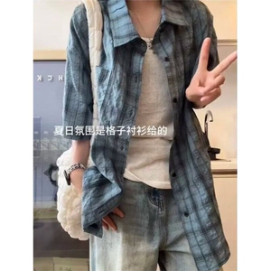 蓝色格子冰丝短袖衬衫男女夏季薄款速干防晒衬衣五分袖外套 CS55图片