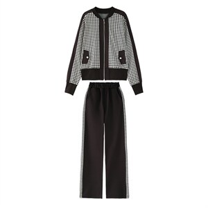 2023春秋新款韩版复古休闲格子棒球服两件套女运动减龄阔腿裤套装,女装套装/套裙,依路服饰