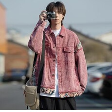 美式复古甜酷脏粉色水洗拼接牛仔外套男女古着情侣棒球服679/P75，女装职业装，星座506