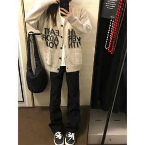 cleanfit黑色弯刀牛仔裤男款秋冬美式加绒显瘦裤子修身直筒微喇裤图片