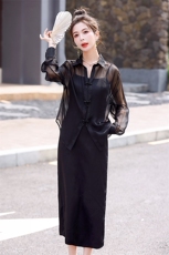2024年春夏季时尚中式两件套连衣裙盘扣防晒套装裙，女装套装/套裙，丽美静依
