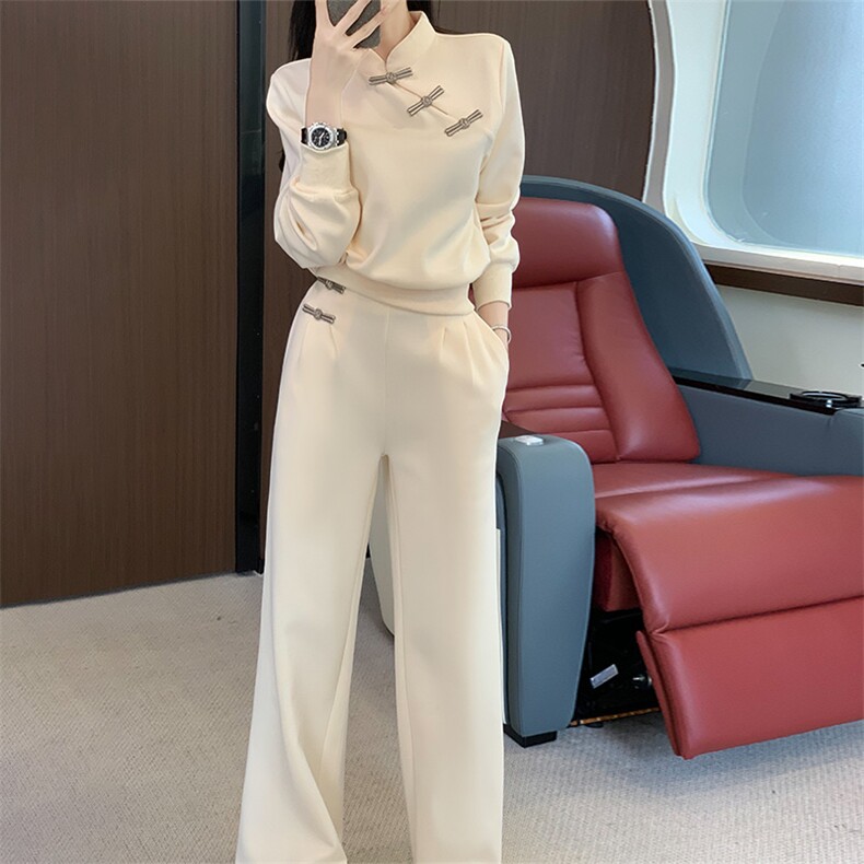 新中式风女秋季高端气质盘扣卫衣阔腿裤套装,女装套装/套裙,江南