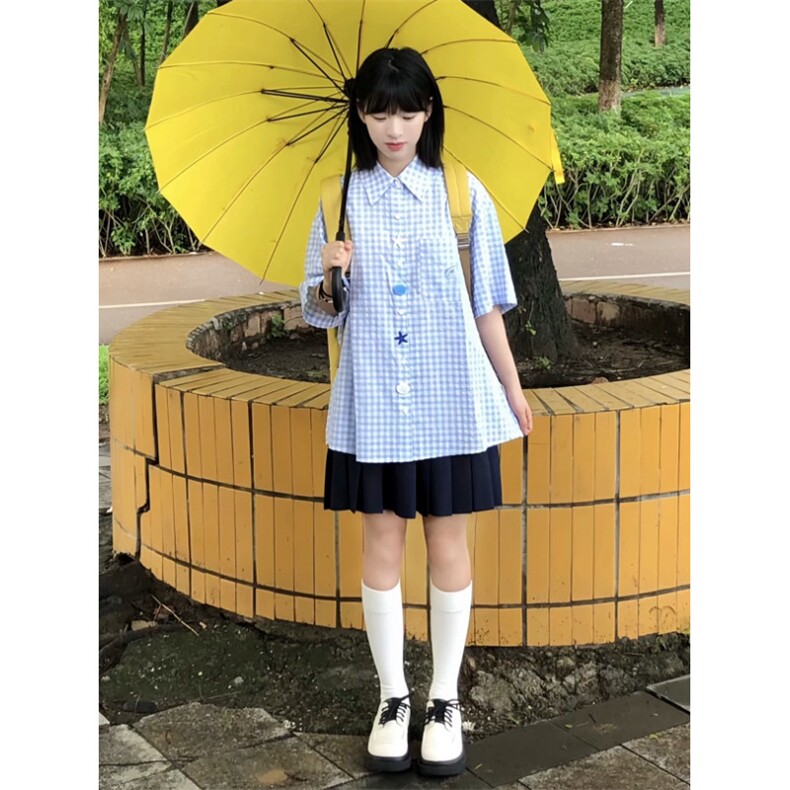 蓝色泡泡纱短袖衬衫男女夏季设计感纽扣格子衬衣休闲情侣外套,男装T恤,星座506A