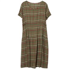 外贸出口品牌剪标女装复古棉麻连衣裙宽松大码拼接格子a字亚麻裙，女装连衣裙，玛其路