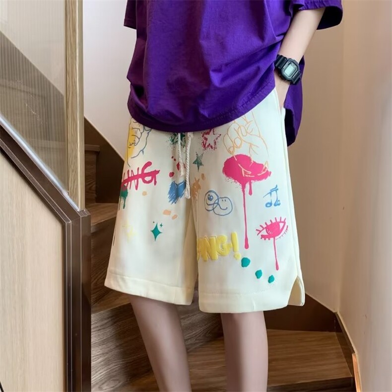美式涂鸦多巴胺穿搭短裤男女夏宽松百搭休闲运动五分裤K4279-P34,男装休闲裤,星座412-3