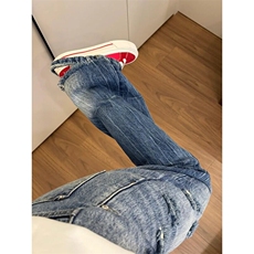 蓝色闪电纹破洞牛仔裤男款夏季设计炸街裤子高街微喇裤K102-P45，男装牛仔裤，星座1001-1