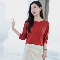 真丝上衣女中袖丝绸真丝t恤衫五分袖圆领妈妈宽松大码短袖小衫，女装衬衫，阿舍尔精品