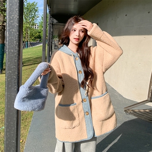 撞色拼接连帽羊羔毛外套女2025冬季新款韩系学院风小个子加厚棉服图片