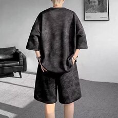 美式高街扎染套装男生痞帅设计感刺绣t恤夏季潮牌大码短袖短裤男，男装休闲套装，星座1210-1