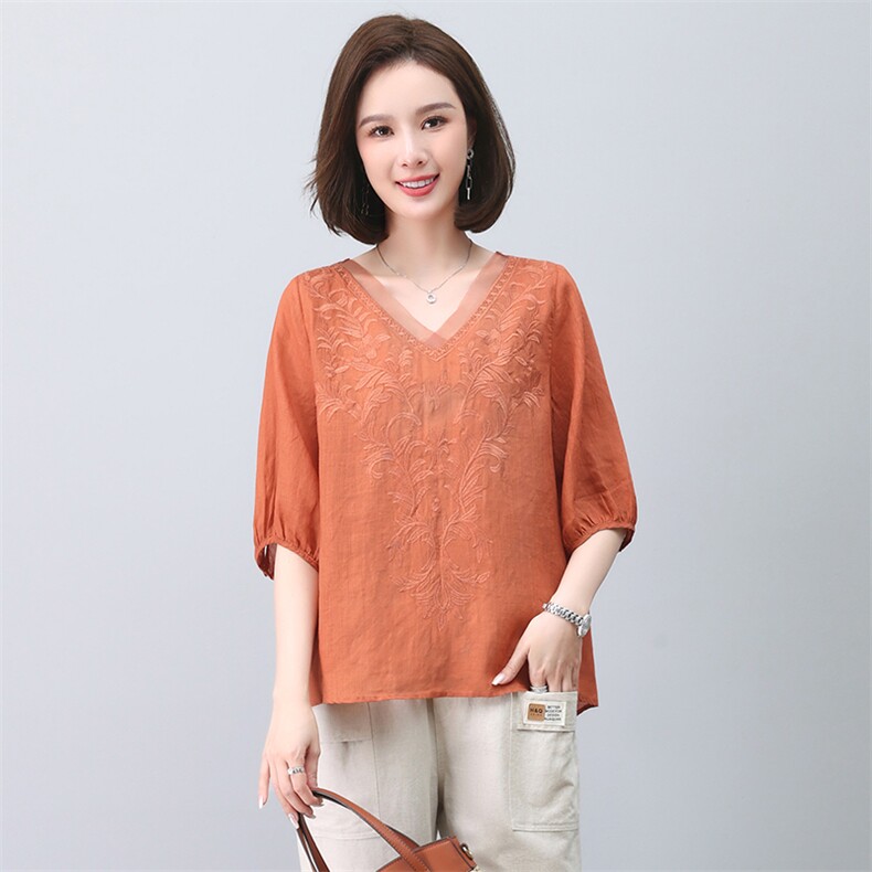 2023夏季纯苎麻刺绣简约气质宽松时尚休闲显瘦舒适上衣，女装衬衫，独衣靓