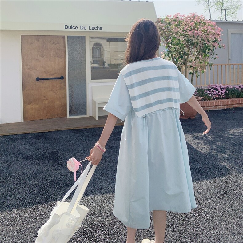 蓝色条纹披肩连衣裙女夏季2025新款小个子宽松韩系爆款衬衫裙流行,女装连衣裙,蝶眷