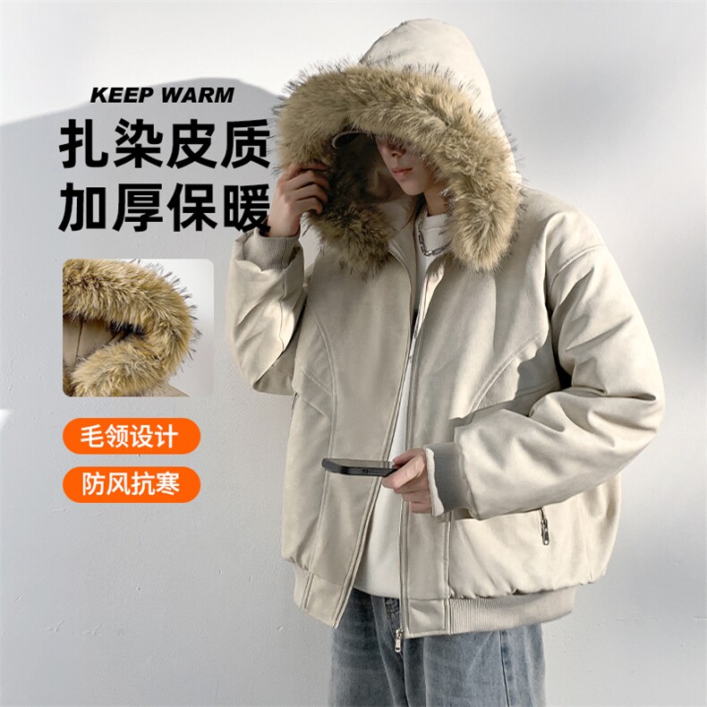 现货 扎染PU皮棉服男冬季加厚连帽棉衣座山雕大毛领外套M090-P120图片