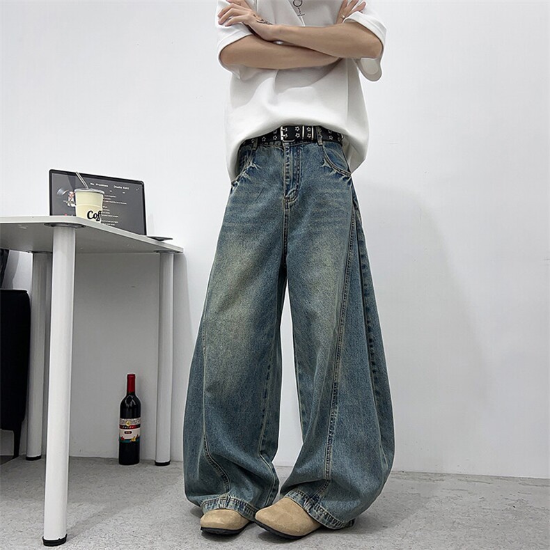水洗拼接牛仔裤男直筒阔腿宽松百搭情侣夏秋长裤 XZ212-QNK89-P45图片
